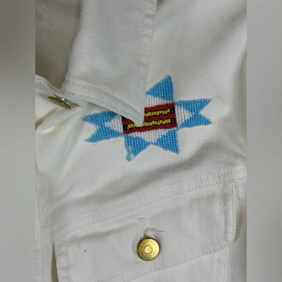 Women’s Polo Ralph Lauren White Jean Jacket Western Southwest Embroidered Bead - Picture 6 of 11